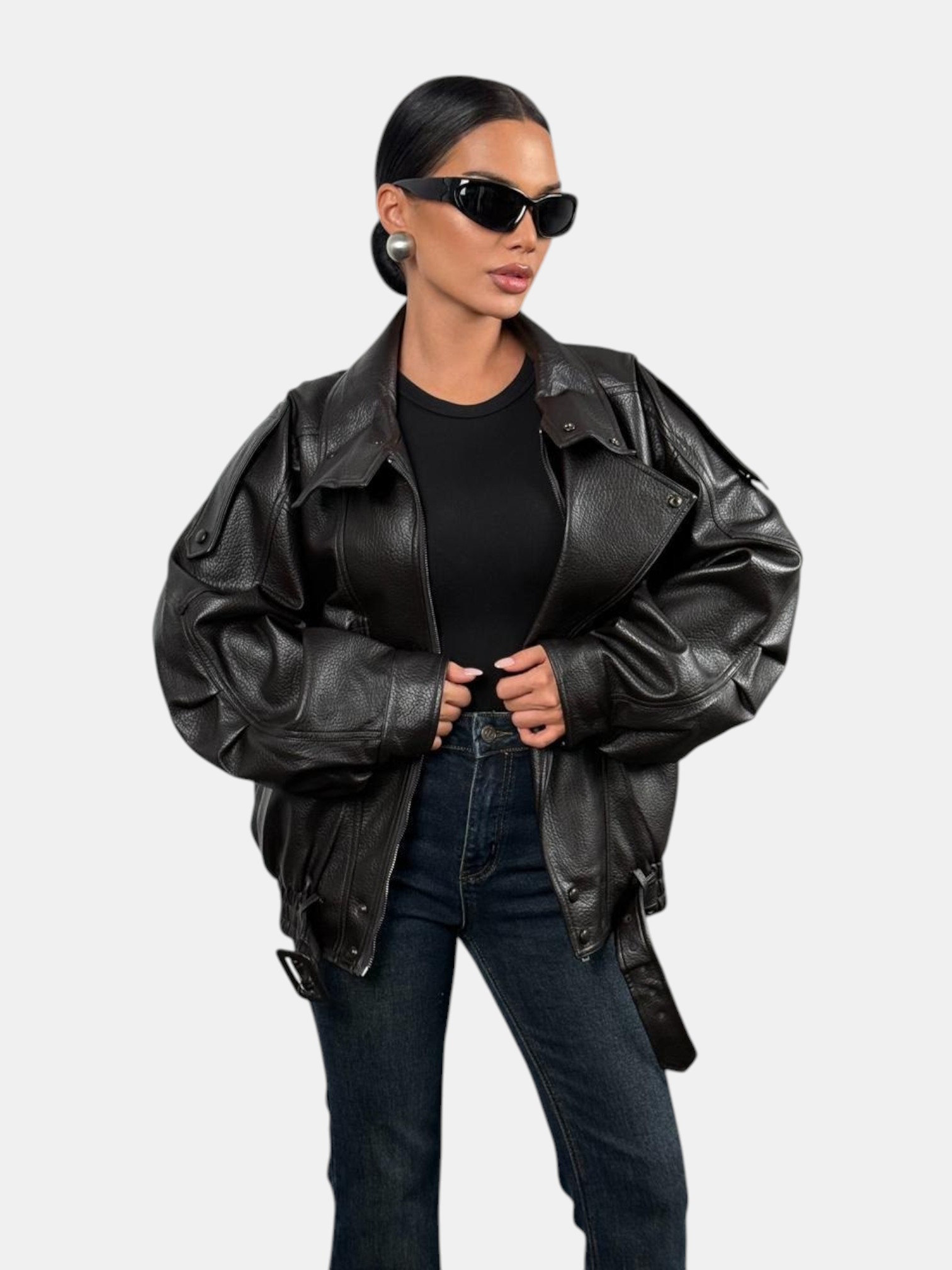 Косуха куртка кожаная в стиле оверсайз черная 3208 Косуха куртка кожаная в стиле оверсайз черная 3208