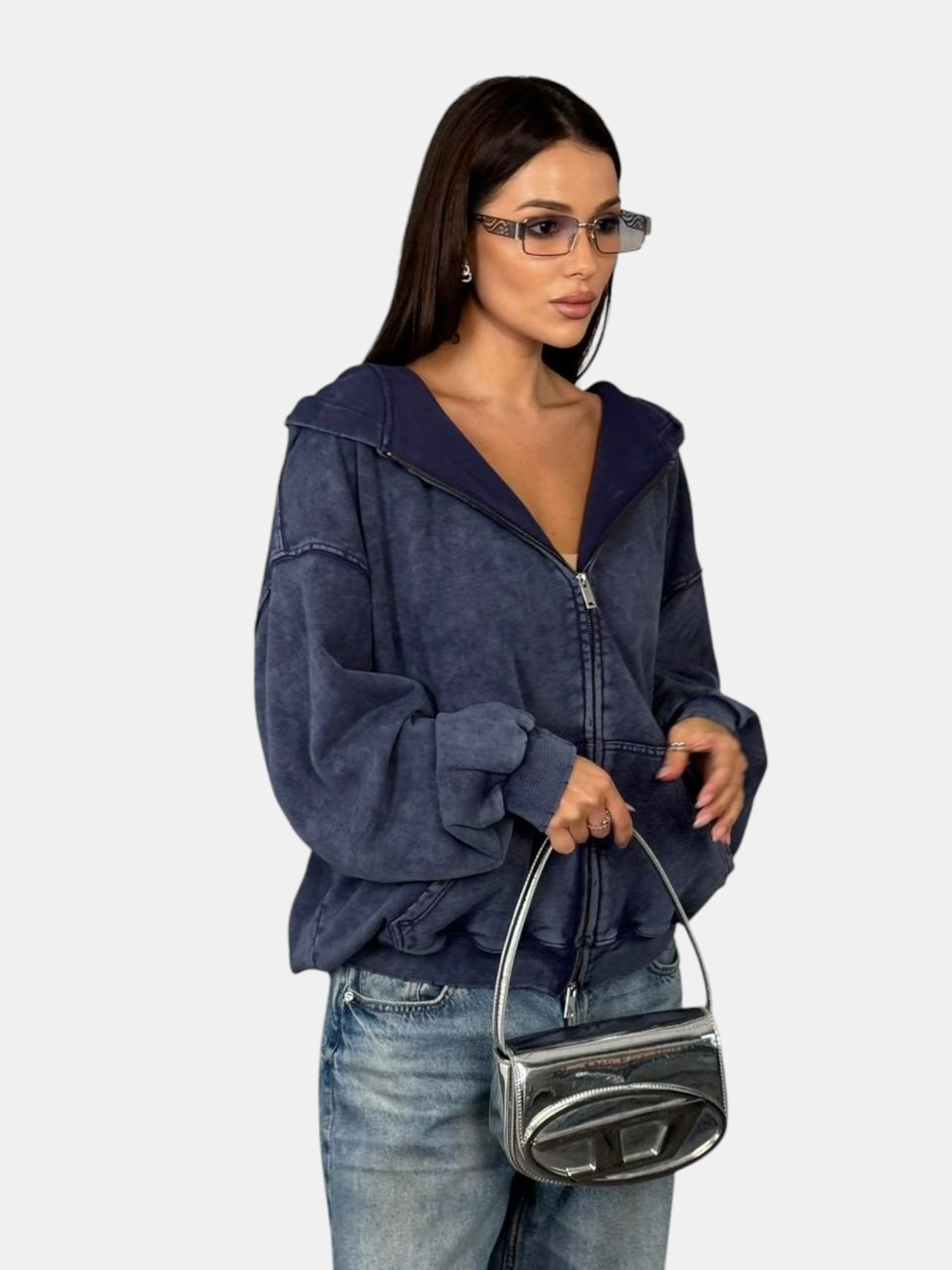 Толстовка с зипкой оверсайз синяя-3182 Толстовка с зипкой оверсайз синяя-3182