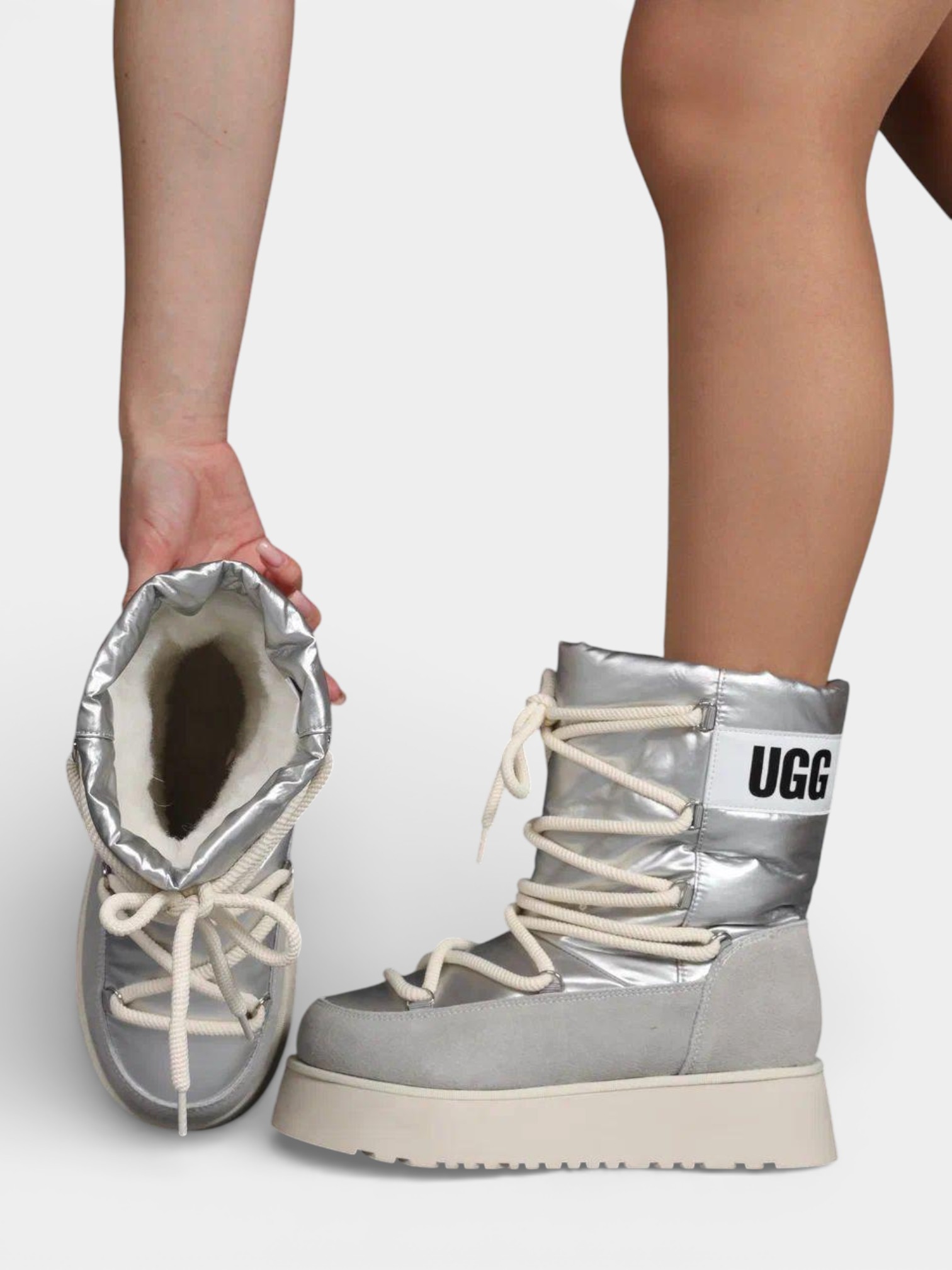 Дутики UGG на шнуровке серебристые 3424 Дутики UGG на шнуровке серебристые 3424